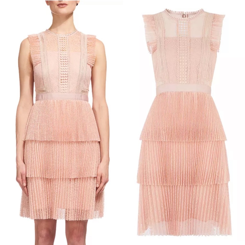 WHISTLES Anouk Nude Pink Lace Pleated Tiered Frill Dress US 10